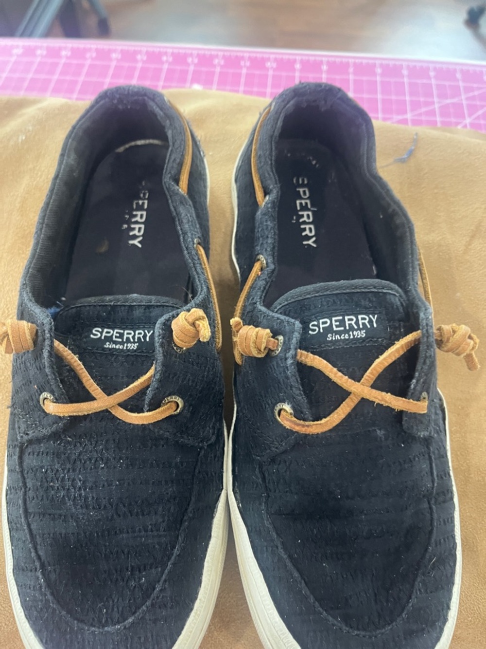 Sperry Women'sBlack Canvas Boat Shoes with Tan Laces